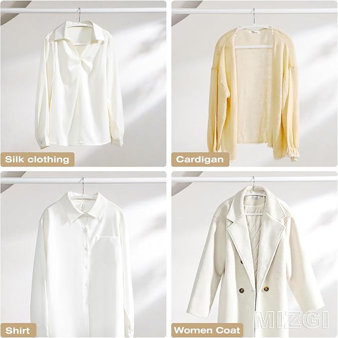 MIZGI 50 Pack White Velvet Hangers - No Shoulder Bumps, Heavy Duty Non-Slip Chrome Hooks for Jackets, Coats, Pants