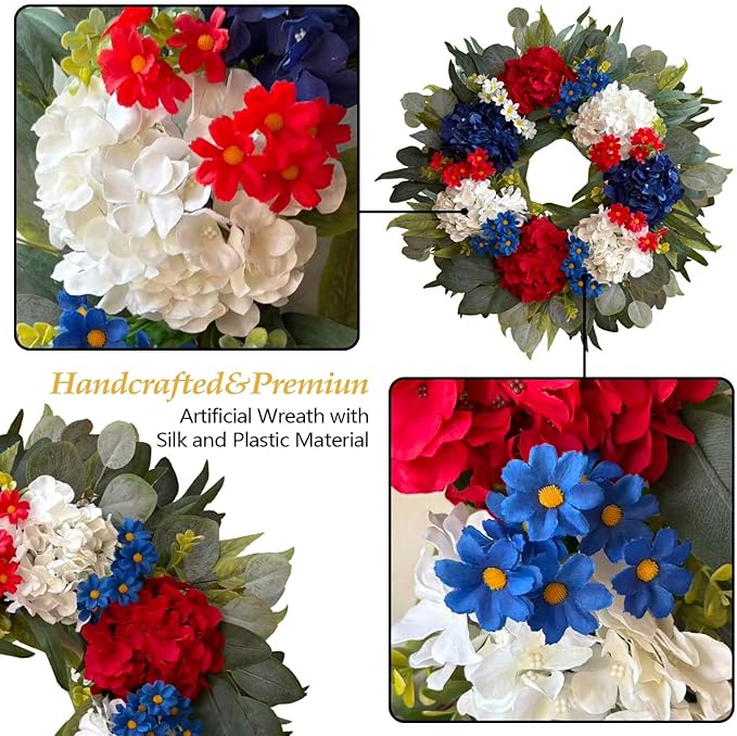 WANNA-CUL 250th Year Patriotic Wreaths for Front Door Decorations, 24 Inch 4th of July Hydrangea Wreath, Red White Blue Spring Door Wreath for Independence Day, Memorial Day for Indoor Outdoor Decor