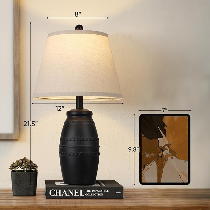 QiMH Farmhouse Table Lamps Set of 2, Bedside Lamps for Living Room, Modern Table Lamp for Bedroom, 21.5" Vintage Rustic Nightstand Lamp with Linen Shade, Black Retro Side Table Lamp for Office Home