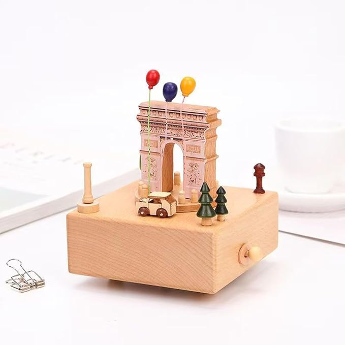 Natural Solid Wood Handcrafted Beech Wooden, Musical FigureTotoro/Carousel/Fairy/Ballerina Figurine,Rotating Hand Crank Mechanism Music Box,Musical Decorations (Arc de Triomphe)