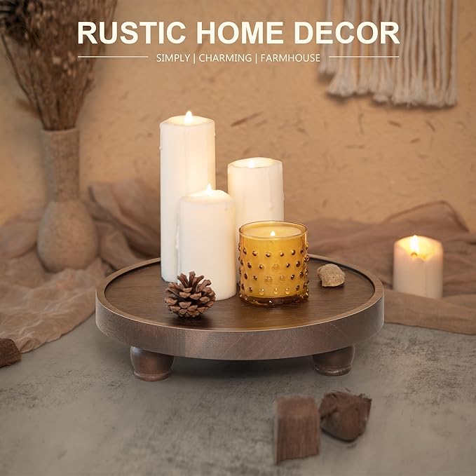 EOSAHR Farmhouse Wood Riser for Home Decor – Acacia Wood Round Pedestal Stand for Bathroom Decor & Kitchen Sink – Decorative Tray for Soap Dispenser, Plant & Cupcake (Dark Acacia)