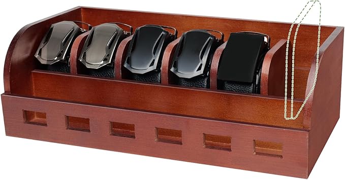 Large Adjustable Bamboo Belt Organizer Box, 6 Grids Belt Rack, Belt Organizer for Closet Shelf and Drawer, Tie and Belt Storage Organizer Wall Mount and Displayer for Men Women Father Day (Brown)