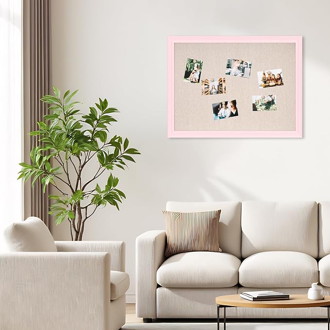 DOLLAR BOSS Bulletin Board with Linen 24'' x 18'' Pink Framed Cork Boards for Walls, Photo Display Pin Board, Decorative Corkboard for Office Home School Girls Dorm Decor with 10 Pushpins, White