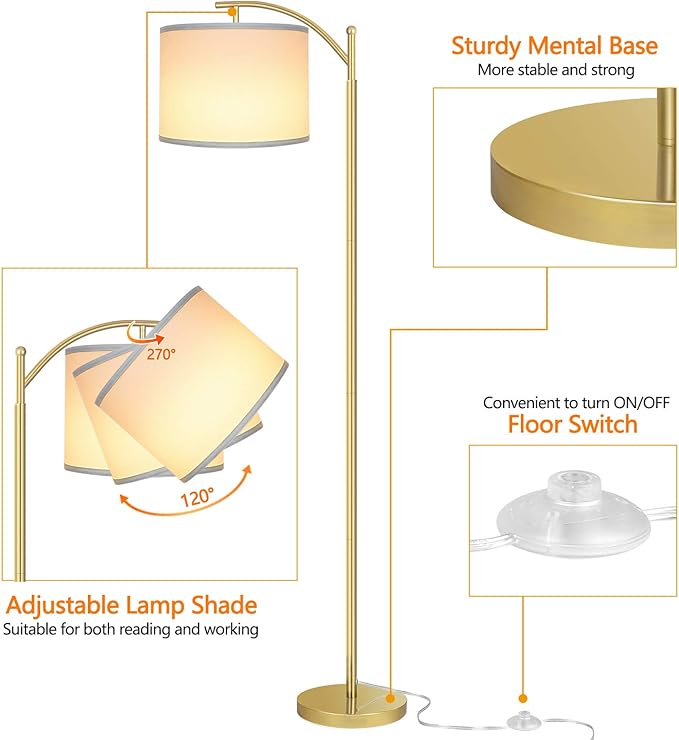 Floor Lamp for Living Room with 3 Color Temperatures LED Bulb, Standing Lamp Tall Industrial Floor Lamp Reading for Bedroom, Office (9W LED Bulb, White Lampshade Included) -Gold