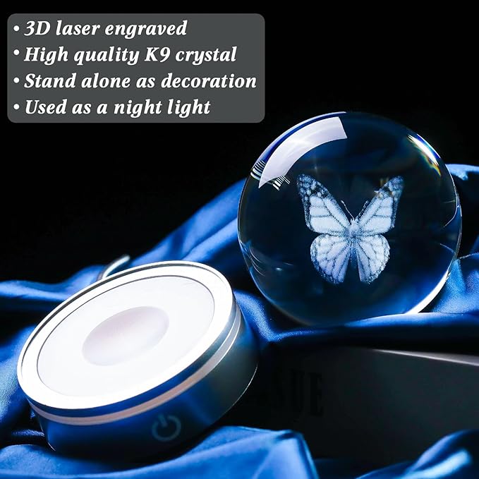 Movdyka 3D Crystal Ball Figurine Butterfly Gifts for Women Men Decorations Night Light, Laser Engraved Butterfly Ornament Glass Snow Globe Room Art Decor Crafts