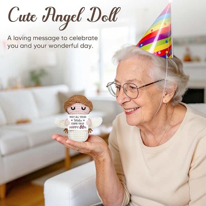 80th Birthday Gifts for Women Men, 1946 80th Birthday Decorations, Happy 80 Year Old Gifts for Family Friends - Handmade Positive Angel Crochet Doll