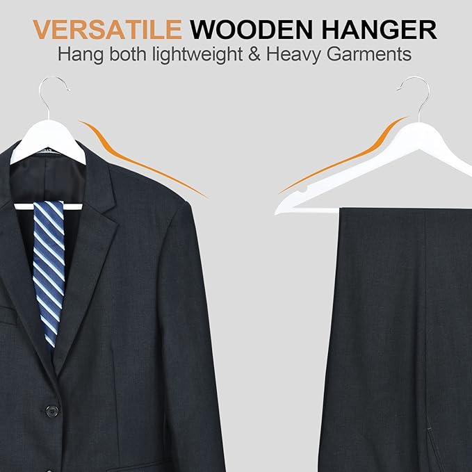 ELONG HOME Wooden Hangers 30 Pack, Wood Hangers with Extra Smooth Finish, Precisely Cut Notches & Chrome Swivel Hook, Wooden Clothes Hangers for Shirt Coat Jacket Dress, White