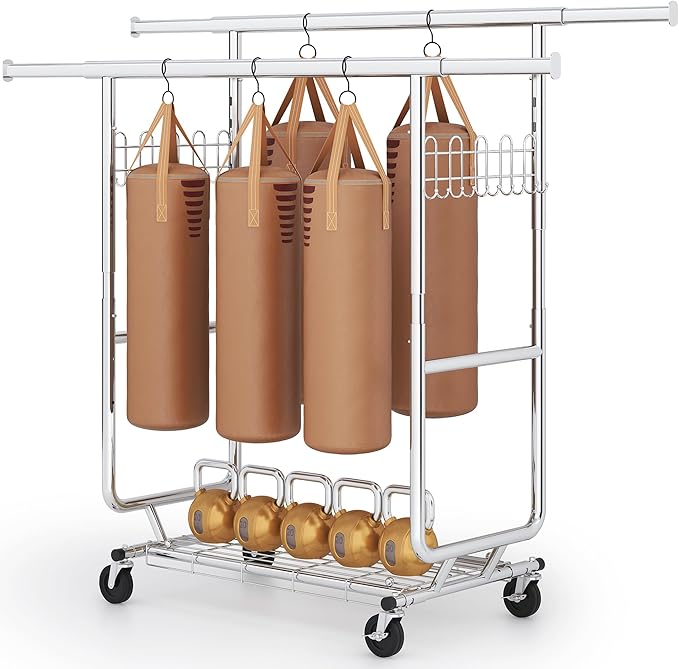 Heavy Duty Clothes Rack Load 900 Lbs, Double Rod Rolling Clothing Rack With Sturdy Wheel And Shelves，Adjustable Portable Hanging Rack For Clothes,Silver Stainless Steel