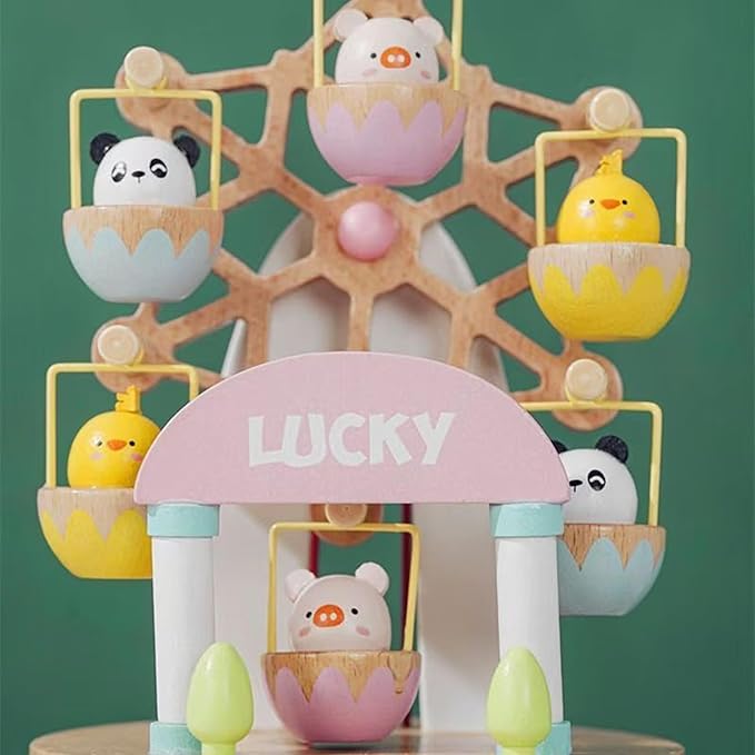 Natural Solid Wood Handcrafted Beech Wooden, Musical FigureTotoro/Carousel/Fairy/Ballerina Figurine,Rotating Hand Crank Mechanism Music Box,Musical Decorations (Colorful Skywheel)