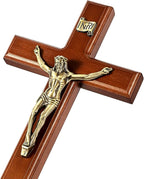 SISSIDA Crucifix Wall Cross, 12 Inch Catholic Crucifix for Wall Decor, Handmade Wooden Cross for Wall with Jesus Christ and INRI - Dark Brown & Antique Brass