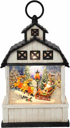 11-Inch Lighted Barn Lantern Swirling Water Glitter Globe with Santa Sleigh Scene, Battery Operated, 8H Timer, Holiday Sparkling Gift and Indoor Christmas Home Décor (Barn)