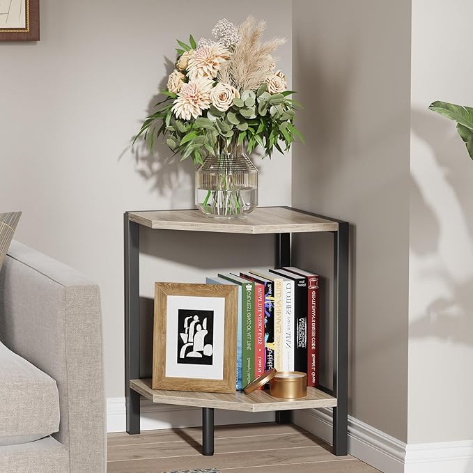 Corner Shelf Stand, 2 Tier Industrial Corner Bookshelf, Multipurpose Standing Corner Display Shelf Countertop Organizer for Living Room Kitchen Bedroom Office, Greige