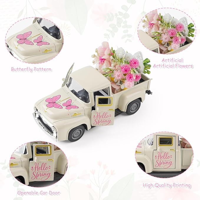 Mothers Day Spring Butterfly Truck Decor, Pink Spring Floral Truck Decorations for Home, Mini Wildflowers Truck Tiered Tray Decor, Rustic Farmhouse Kitchen Tabletop Decorations for Office