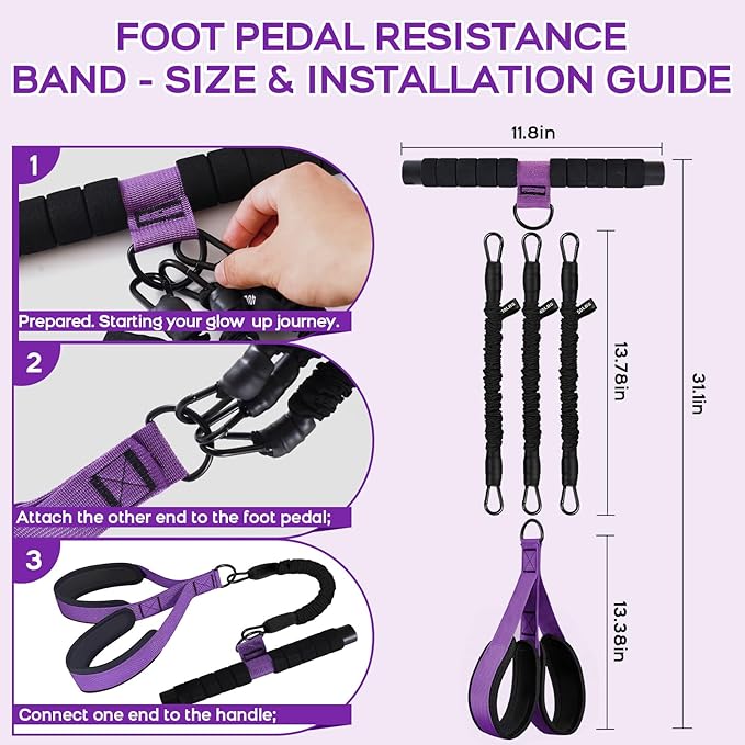 Multifunction Pedal Resistance Band with Handle, 3 Tube Adjustable 30/40/50LB Foot Pedal Puller Resistance Bands with Poster, Extended Length Tension Rope for Men Women Full Body Workout Home Gym