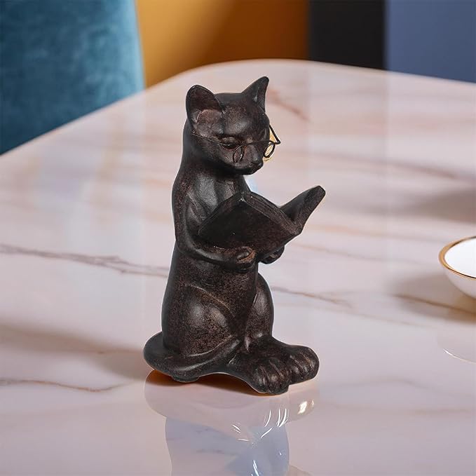 Young's Inc Cat Figurine - Cute Cat Statue - Whimsical Cat Decor for Cat Lovers, Collectibles and Meditation Decor - Cat with Eye Glasses - 4'' L X 3'' W X 5'' H