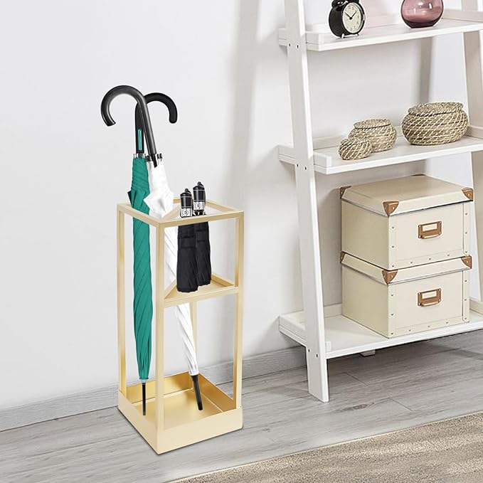 20 Inch Square Umbrella Stand, Metal Umbrella Rack Storage with shelf and Drip Tray, Entrance Umbrella Organizer for Storing Umbrellas, Hiking Poles, Canes (Golden)