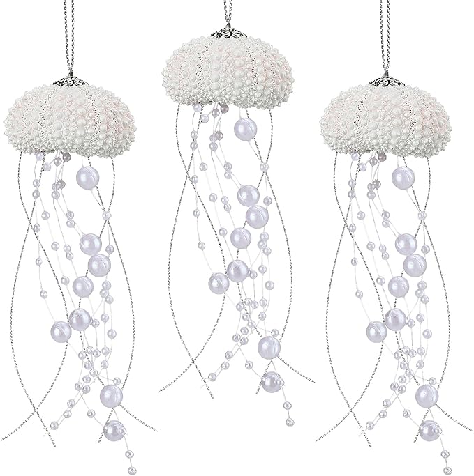 Namalu 3 Pcs Sea Urchin Jellyfish Christmas Ornament Coastal Beaded Beach Theme Holiday Decor Ocean Inspired Hanging Jellyfish Decoration with Crystal and Ribbon (White)