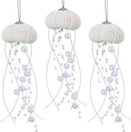 Namalu 3 Pcs Sea Urchin Jellyfish Christmas Ornament Coastal Beaded Beach Theme Holiday Decor Ocean Inspired Hanging Jellyfish Decoration with Crystal and Ribbon (White)