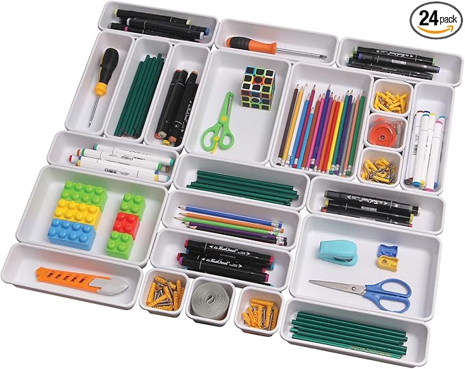 Set of 24 Interlocking Desk Drawer Organizer Tray Dividers Plastic Shallow Narrow Drawers Organizers Separators Storage Bins Container for Kitchen Bathroom Makeup Office Vanity Bedroom Dresser White