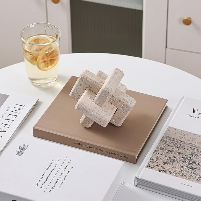 3-Link Knot Resin Travertine Decor, Coffee Table Decor, Book Shelf Entry Table Decoration, Boho Decorative Objects, Aesthetic Accents for Modern Rustic Office Living Room Home Décor