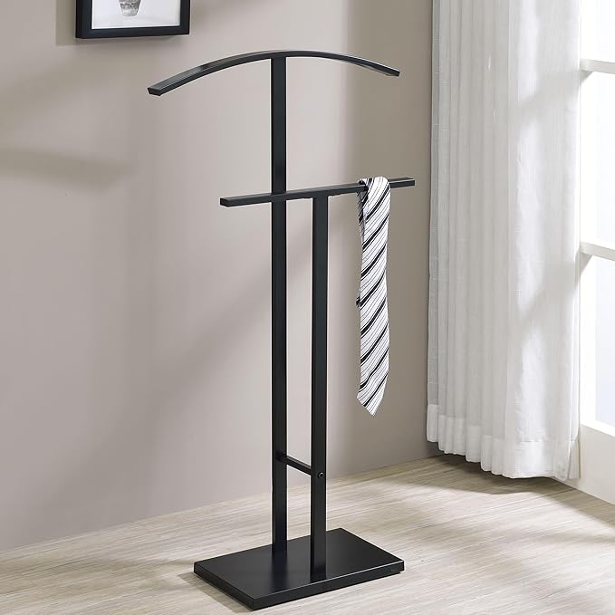 Kings Brand Furniture Dossi Modern Metal Suit Valet Stand, Clothes Rack Organizer with Jacket, Pants & Tie Holder, Space-Saving Garment Rack for Bedroom or Closet (Black)