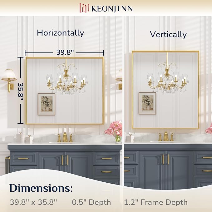 Keonjinn Brushed Gold Bathroom Mirror 42 x 36 Inch Metal Frame Rectangular Large Wall Mirror for Bathroom Sink Gold Vanity Mirror for Over Sink Aluminum Alloy Rectangle Mirror(Horizontal/Vertical)