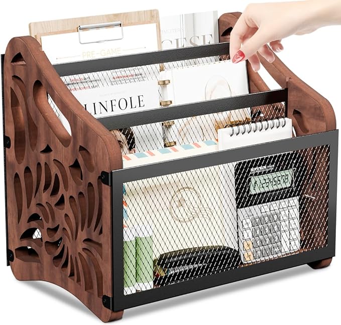 Magazine Holder,3-Compartment Magazine Rack Floor,Wood Magazines File Holder Organizer,Rustic Magazines Storage Basket for Books,Newspapers,Mails,Files