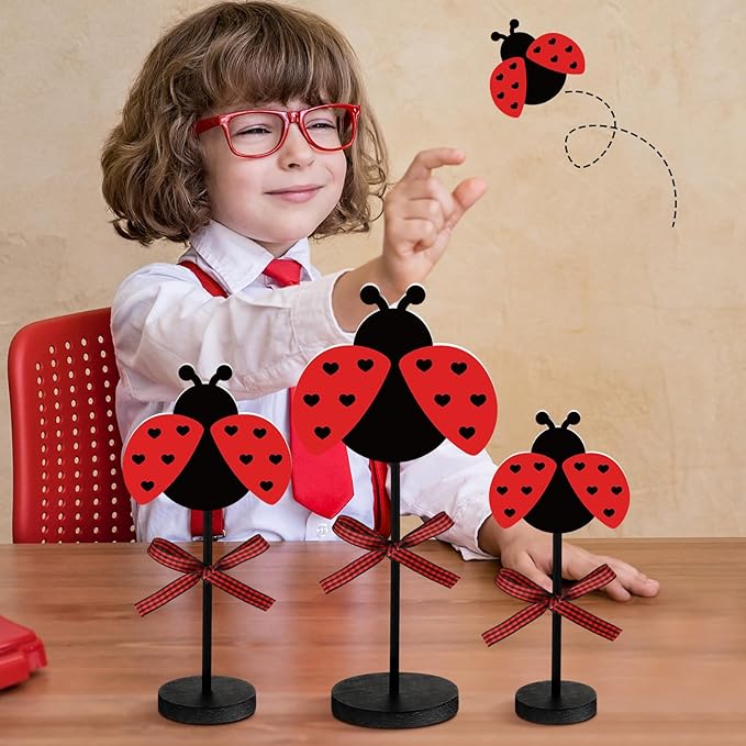 Maitys 3 Pcs Summer Ladybug Decor Set Table Decor Wooden Tabletop Centerpiece Sign for Home Kitchen Bedroom Baby Shower Party Decorations
