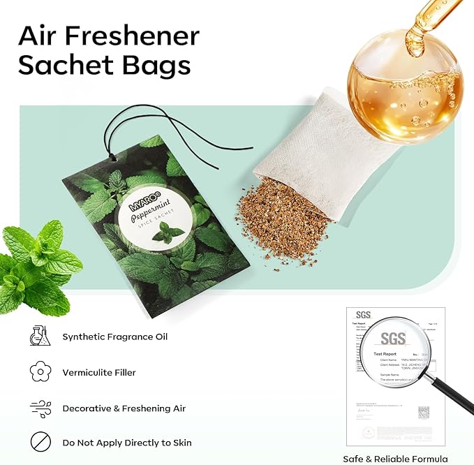 MYARO 12 Pack Peppermint Scented Sachets for Drawer, Closet Odor Eliminator Air Freshener Bags, Cool Mint Fragrance for Car & Home Aroma
