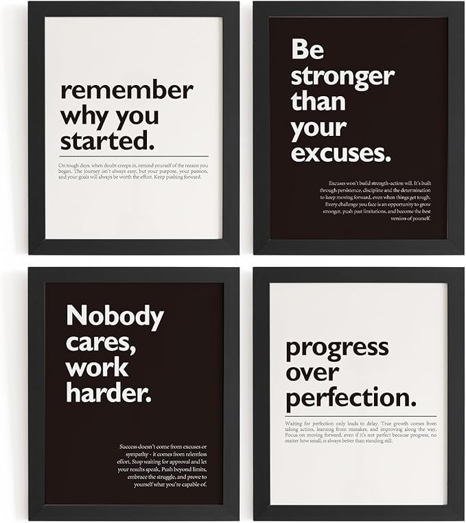 DSHFG Motivational Office Pictures Wall Decor Prints Set of 4, Black Motivational Wall Art Decor Retro Posters Prints for Office Home Decor, 8x10 Unframed