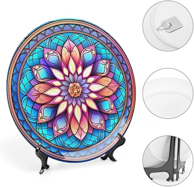 Decorative Plates, Morocco Floral Watercolor Stained Glass Print Ceramic Dinner Plate Home Wobble-Plate with Display Stand, Wall Hanging Decor for Kitchen Household 10 Inch, Gifts for Family Friends