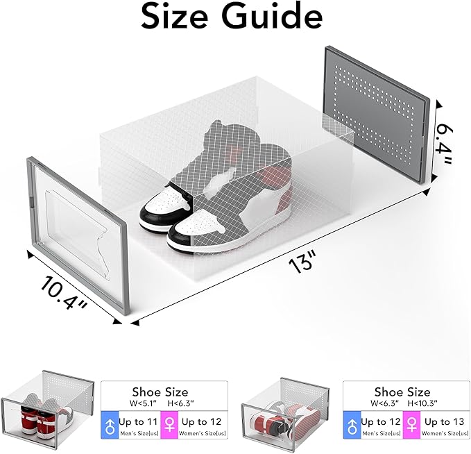 X-Large Shoe Storage Box, 15 Pack Clear Plastic Stackable Shoe Organizer for Closet, Interlocking Design Shoe Container Bins for Sneakers, Foldable Shoe Rack with Lids, Gray
