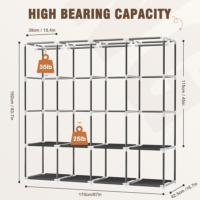 Wardrobe Closet, 66 Inch Portable Closet for Hanging Clothes, Large Capacity Clothes Rack Organizer with Cover & 4 Hanging Rods & 8 Storage Shelves & 2 Side Pockets (Black)