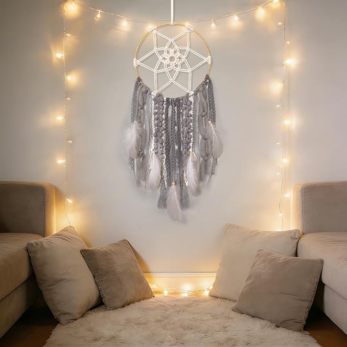 LOMOHOO Large Dream Catcher Handmade Feather Dreamcatcher, Traditional Dream Catchers with Woven Tassels Boho Wall Hanging for Girl Kids Bedroom Baby Room Home Decor Craft Ornament Gift (Grey)