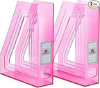 Acrimet Magazine File Holder Bin Storage, Vertical Rack for Documents, Folders and Mail, Durable Plastic Desk Organizer for Office & Home (Clear Pink Color) (2 Pack)