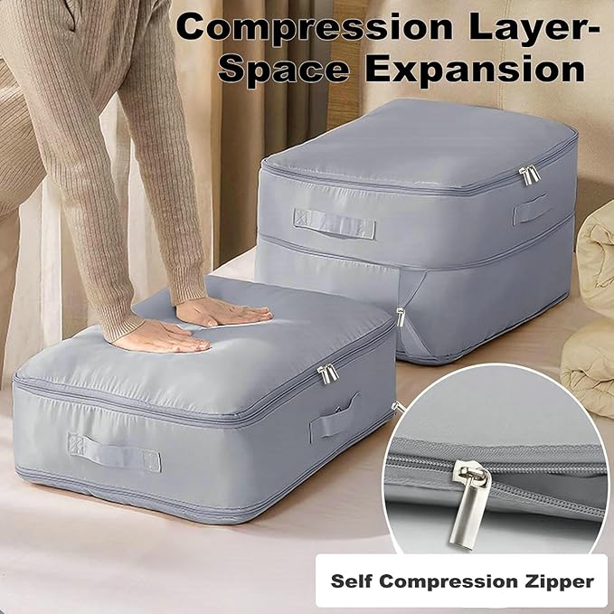 Ultra Space Saving Self Compression Organizer, Large Capacity Storage Bag, Thick Satin Fabric Heavy Duty Bags for Comforters Blankets Bedding Duvet (Gray, Large, 21x17x12in)