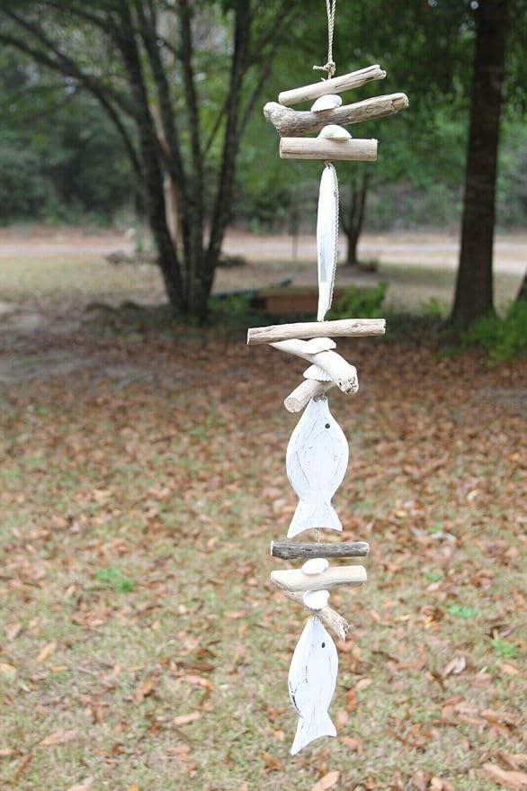 Natural Driftwood Beach Mobile, Coastal Wood Sea Turtle Fish - Beach Gems - 6 mobiles