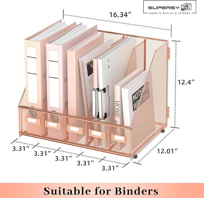 SUPEASY Desk Organizers Metal Desk Magazine File Holder with 5 Vertical Compartments Rack File Organizer for Office Desktop, Home Workspace, Rose Gold, Plus