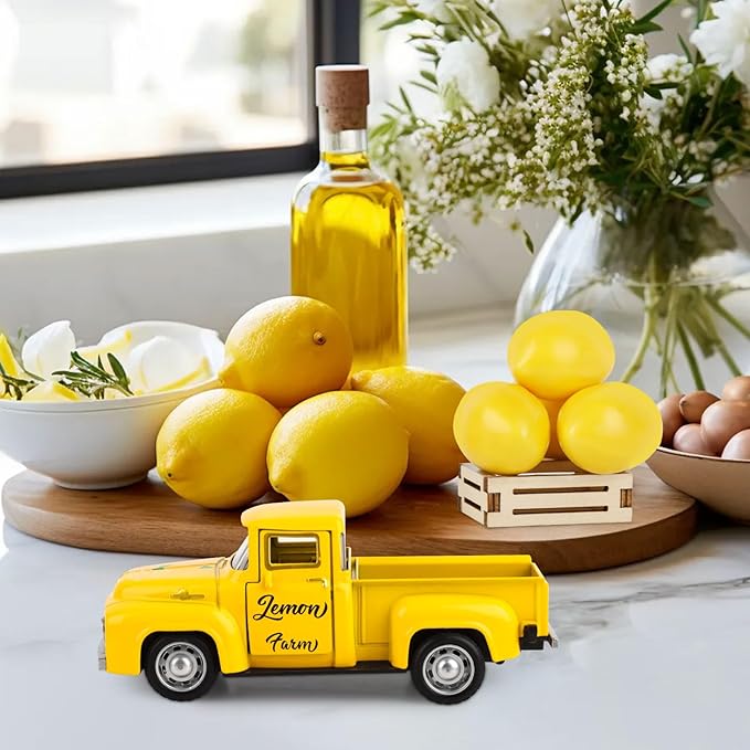 Lemon Metal Truck Lemon Home Kitchen Decorations with 4 Pcs Plastic Lemons Vintage Farmhouse Tabletop Tiered Tray Decor for Summer Home Kitchen Mantel Shelf Bookshelf Mini Truck Decorations