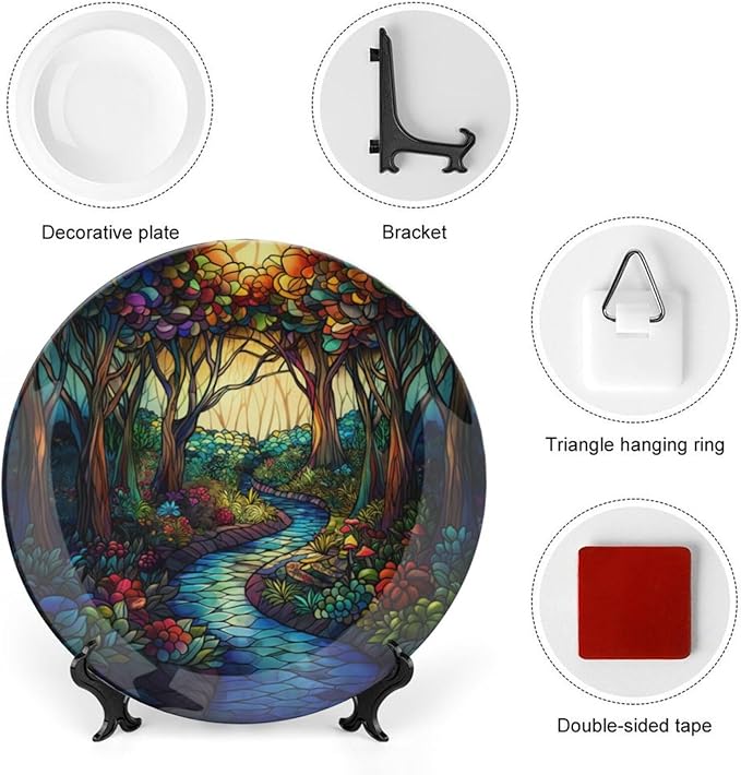 Stained Glass Theme Decorative Ceramic Plate Round Porcelain Plate,10 inch,Sunrise Forest Stream Pattern,for Decorative Ornaments Giving Plates, 1 Plate with 1 Display Stand,Multicolor