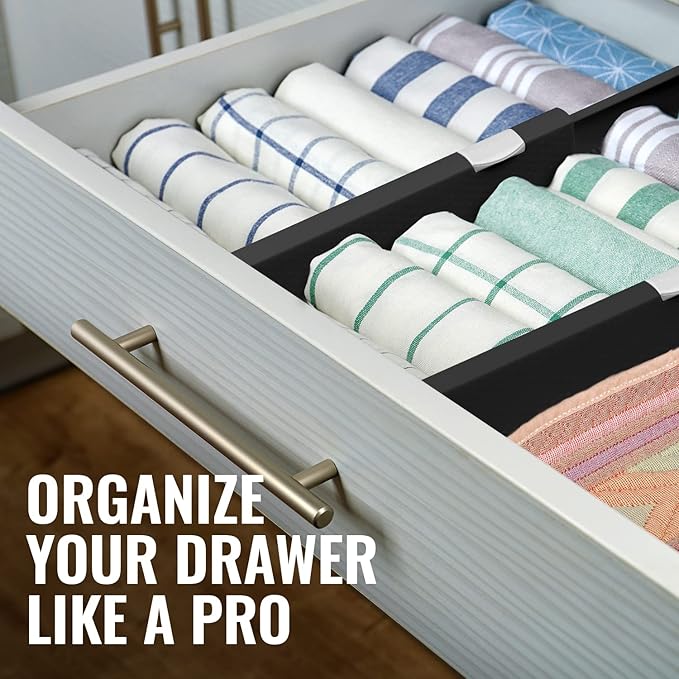 RAPTUROUS Adjustable Drawer Dividers 6 Pack, 4” High, 15.5-21” Long, Dresser Drawer Organizer for Bedroom, Closet, Kitchen, Nursery, Office, Strong Hold, Soft Foam Edges, Black