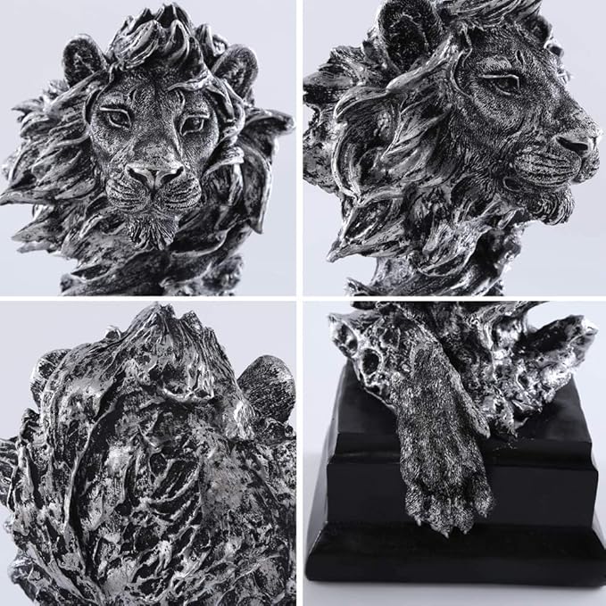 H&W Sandstone Lion Figurines - The King of Beasts - Statue Decoration for Home/Study/Living Room, Great Collectible Figurines, Best Gift for The Man, Silver Color (HH17-D3)