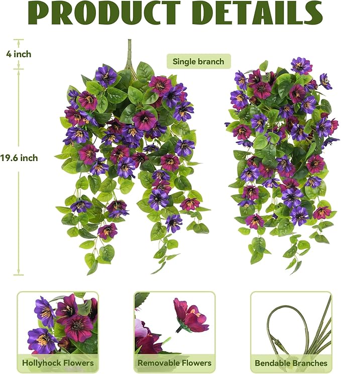 Fake Artificial Flowers Hanging for Outdoors Decor, 2 Bundles UV Resistant Faux Silk Flowers for Planters Porch Patio Window Yard Balcony Fence Decoration