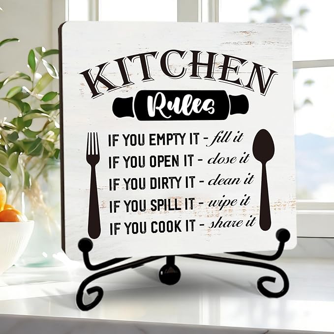 DETIHO Farmhouse Kitchen Signs, Kitchen Countertop Decor, Rustic Wooden Plaque with Iron Stand for Home Kitchen Tabletop Decor - G02