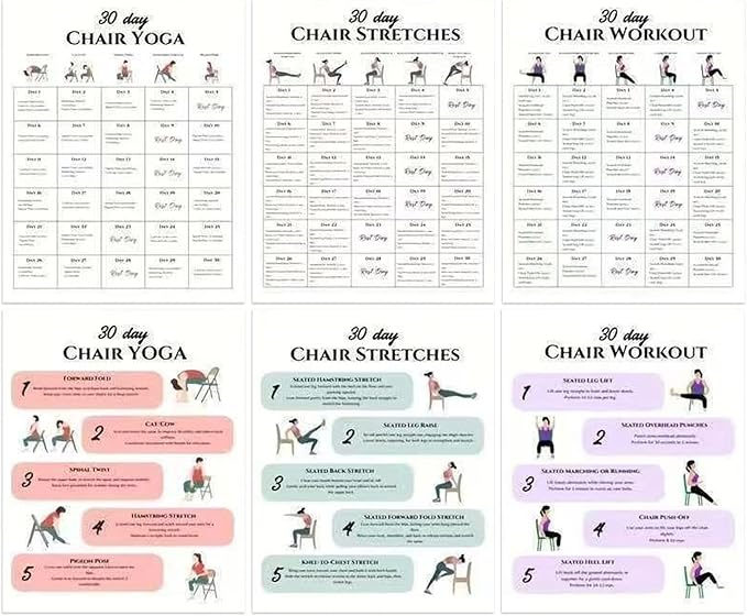 Chair Yoga Program - 30-Day Workout Set | 6-Piece Exercise Kit with Instruction Book, Ideal for Morning Routine Travel Gym Beginners Family Friends Sports Athletes Body Flexibility Strength Building