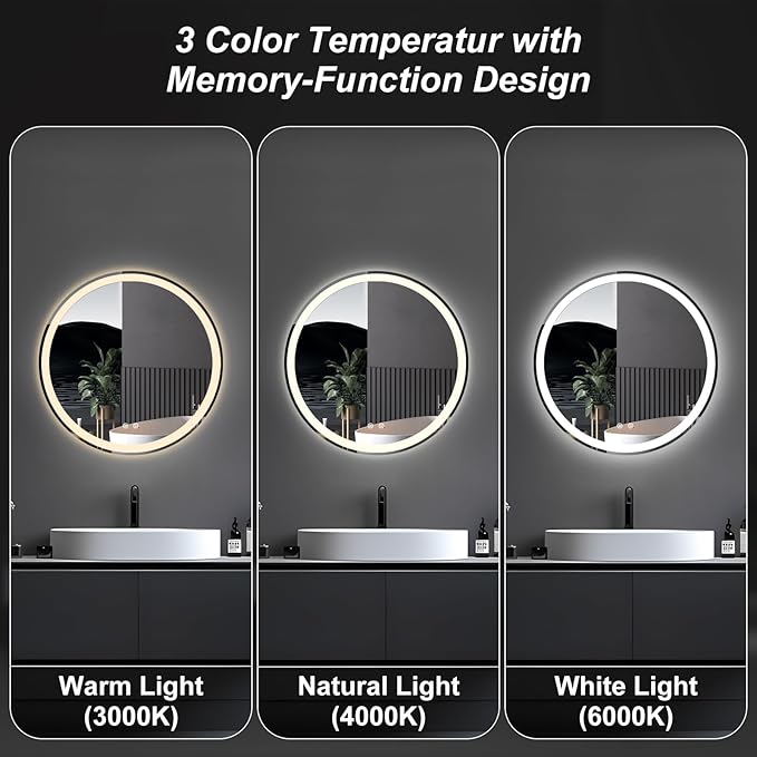 DUMOS 28 Inch Round LED Bathroom Mirror with Lights, Circle Vanity Mirror with Anti-Fog, Dimmable, 3-Color Light, Front Light and Backlit, Memory Function, Tempered Glass