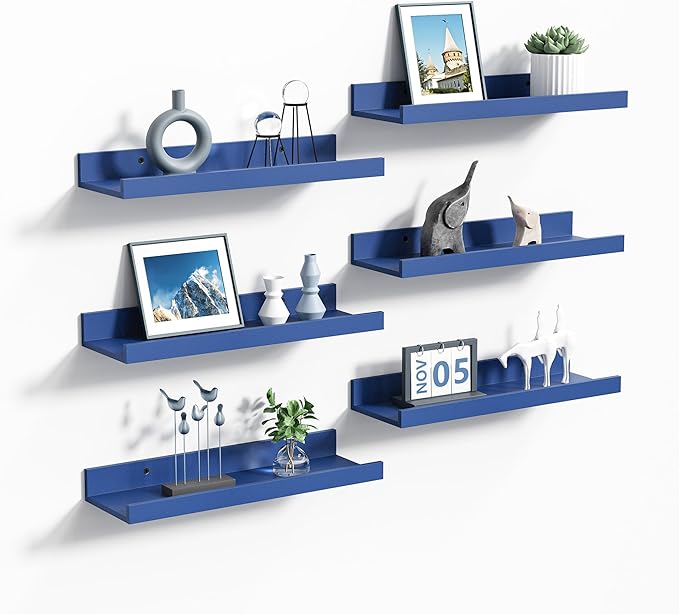 upsimples Floating Shelves for Wall, Wall Shelves for Decor Storage Set of 6, Wall Mounted Wood Shelf for Bedroom, Living Room, Bathroom, Kitchen, 15.7 inch Long Picture Ledge Shelf, Navy Blue