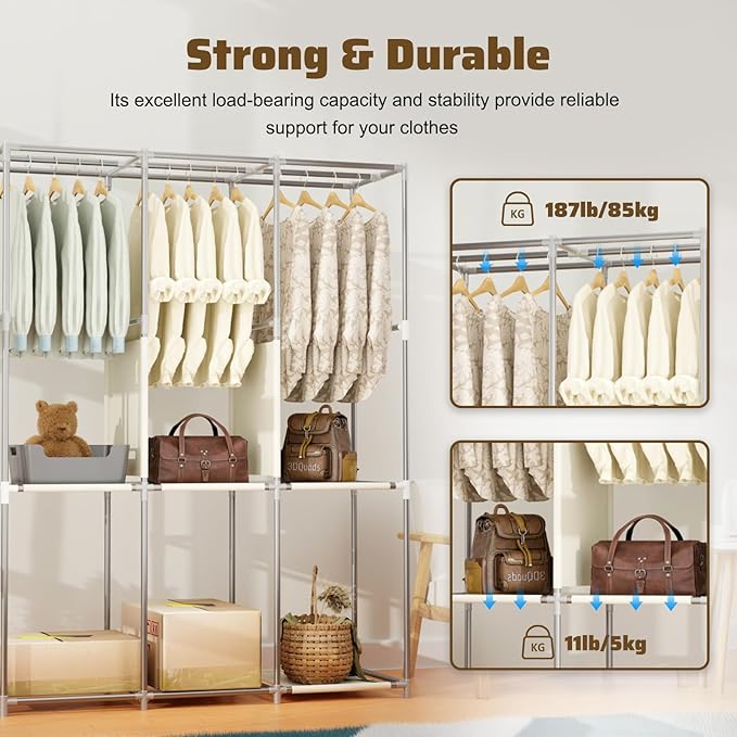 Portable Closet, Portable Closets for Hanging Clothes with 3 Hanging Rods and 6 Storage Shelves, Non-Woven Fabric Cover, Black Wardrobe Closet Easy to Assemble and Strong and Stable