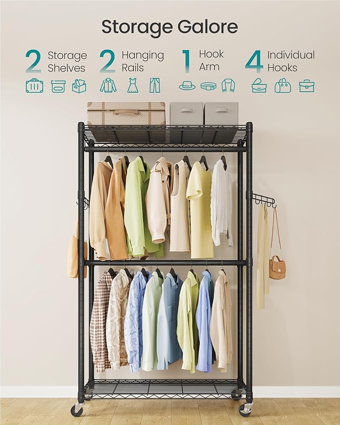 SONGMICS Heavy-Duty Rolling Clothes Rack, Garment Rack, Portable Closet on Wheels, with Adjustable Mesh Shelves and Hanging Rails, Hooks, 15.8 x 35.4 x 78.3 Inches, Ink Black ULGR416BH01