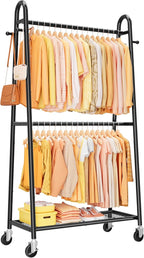 Heavy Duty Clothes Rack, Metal Clothing Rack with Double Hanging Rods, 4 Hooks & Mesh Shelf, Freestanding Garment Rack with Triangular Design for Bedroom Closet, 36.5" x 16.9" x 72.8", Black